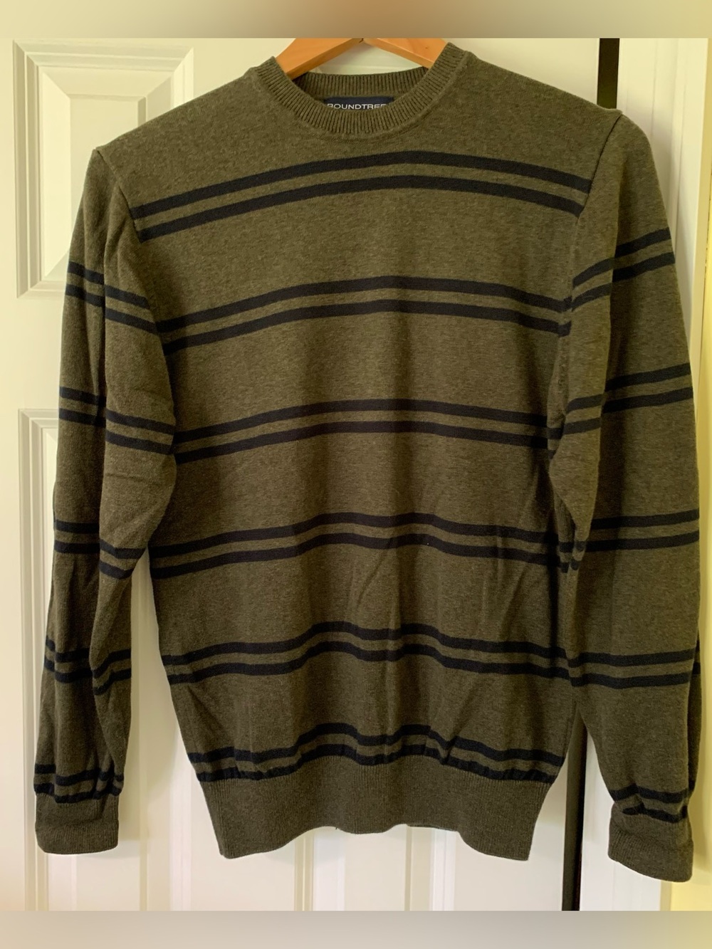 Crew 100%Cotton RoundtreeYorke Round Collar, Striped Sweater Green Brown, Navy